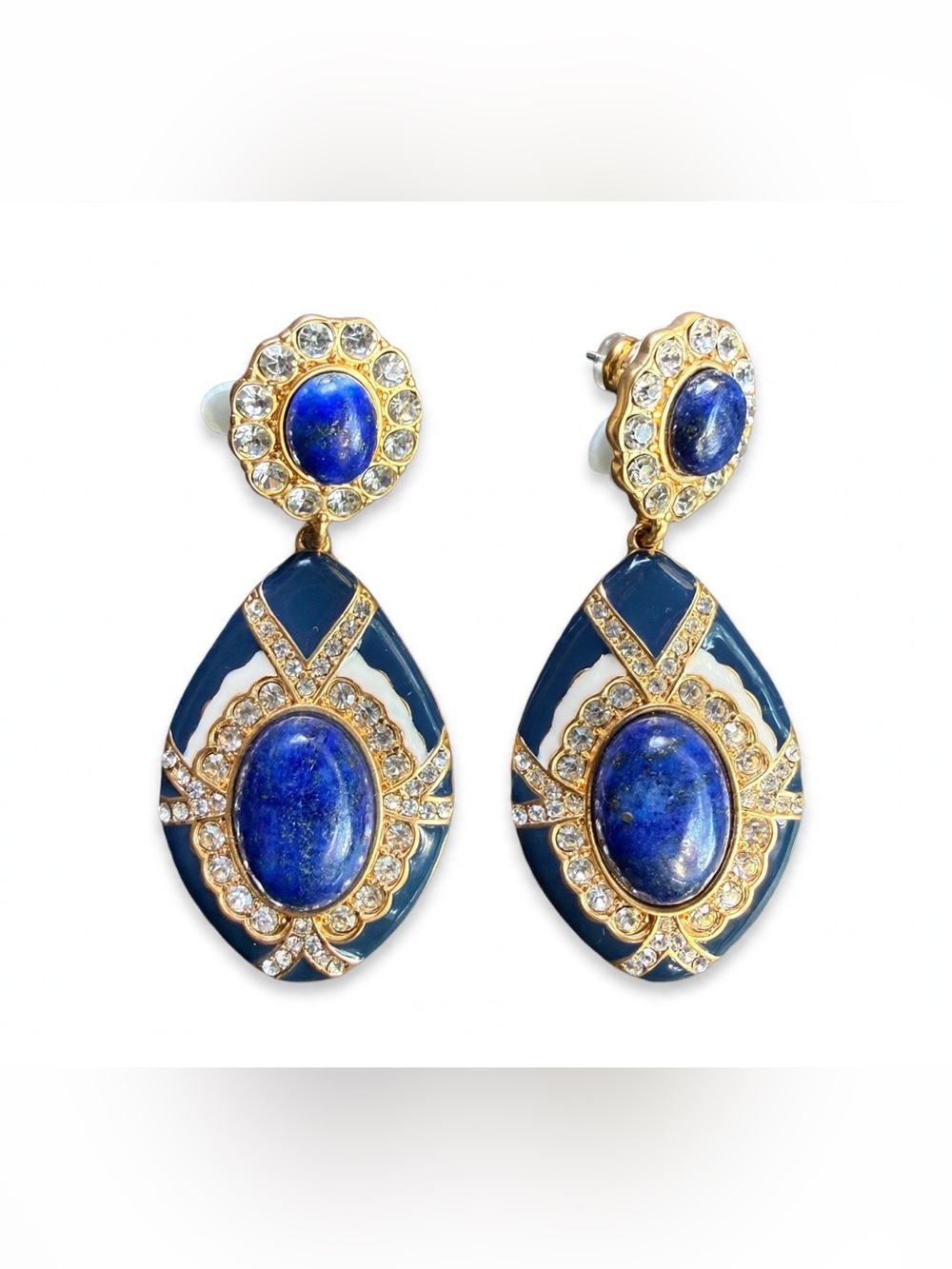New Lapis Lazuli Dangle Earrings with Crystal Accents, 925 Silver Posts E077